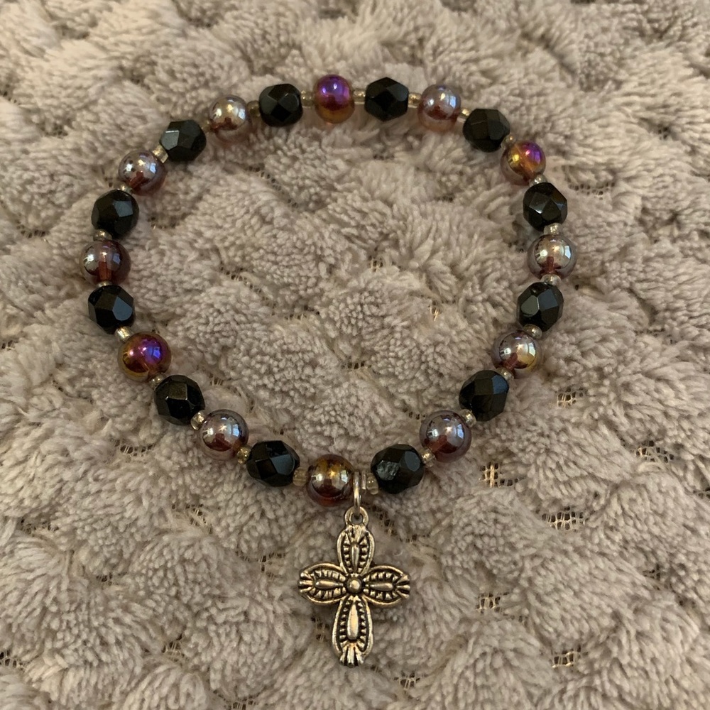 Purple Beaded Cross Bracelet